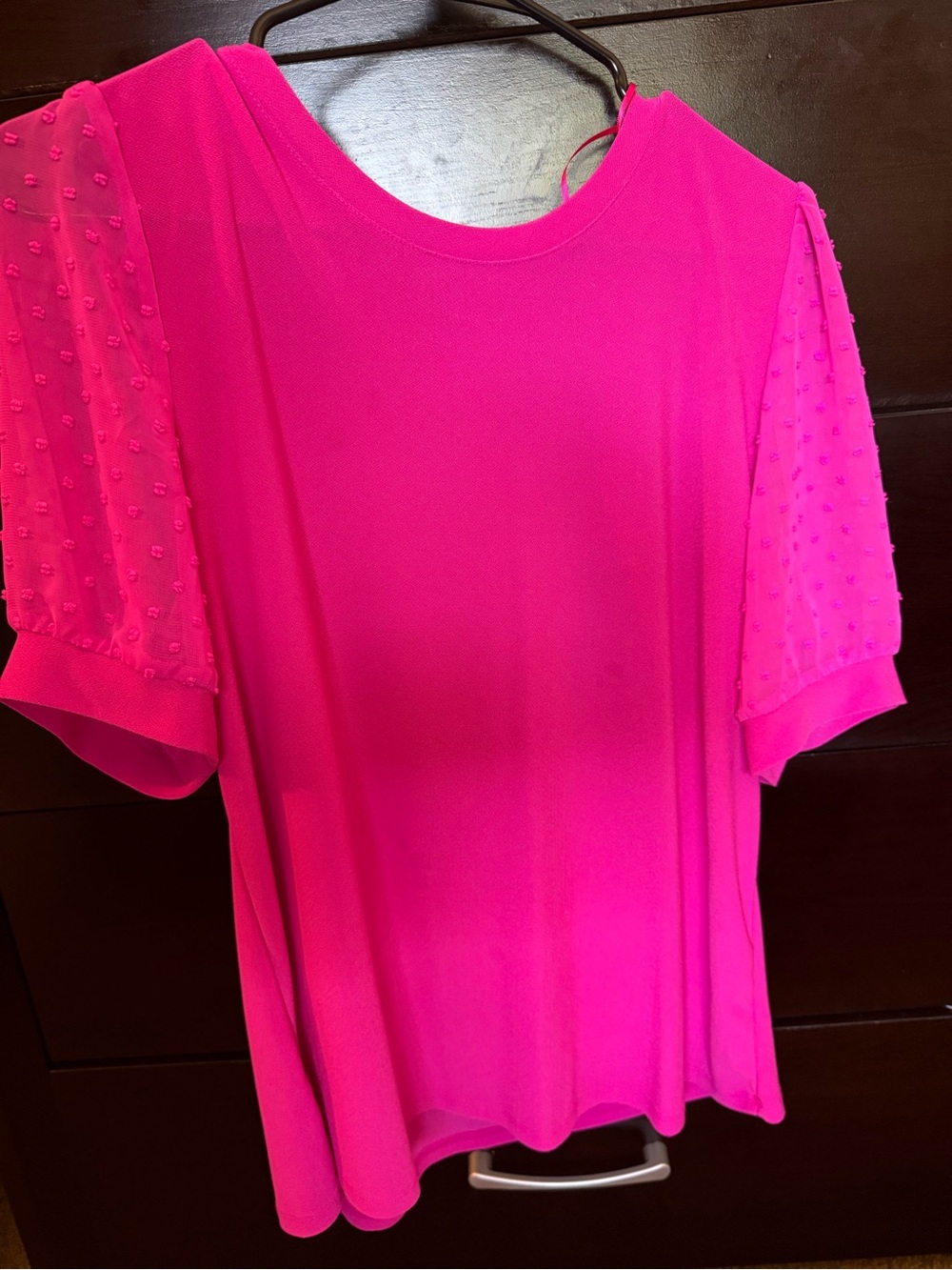 CeCe Neon Pink Short Sleeve Blouse with Textured Dot Sleeves